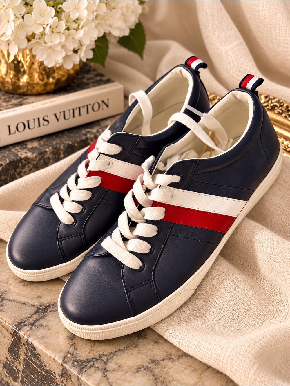 Tommy Hilfiger Navy Leather Sneakers with Red & White Stripes
